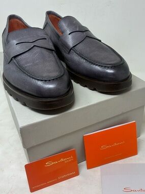 New Santoni Gray Leather Penny Loafers with Lug Sole